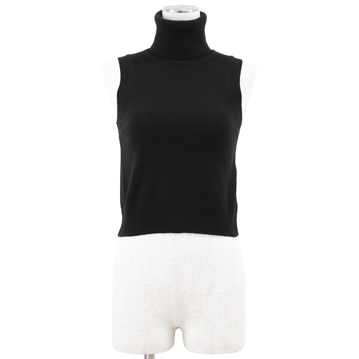 【美品】CELINE セリーヌ ニットベスト サイズ S レディース トリオンフ 刺繍 カシミヤ100% タートルネック ノースリーブ 短丈 トップス ブラック 黒 イギリス製