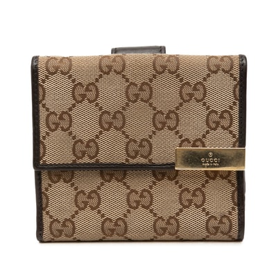 グッチ GGキャンバス 二つ折り財布 257015 ベージュ ブラウン キャンバス レザー レディース GUCCI 中古