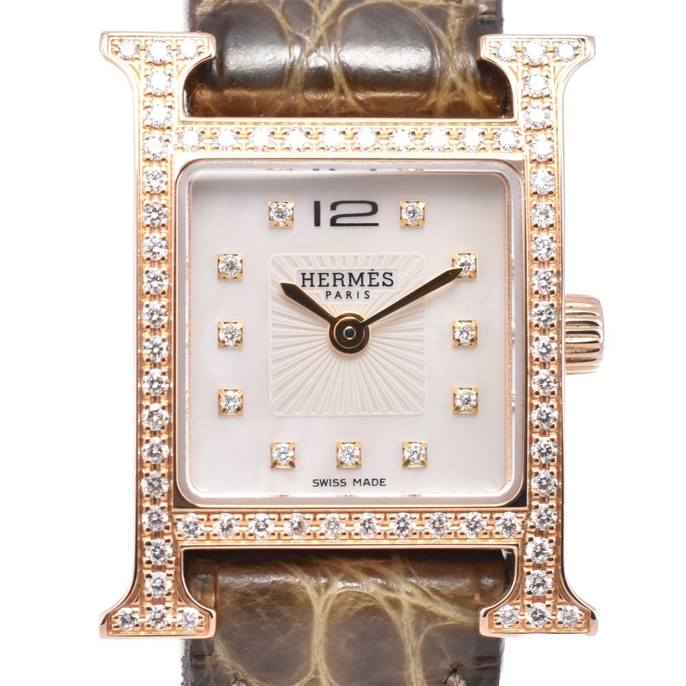 値下 エルメス HERMES HH1.171b Hウォッチ ミニ K18PG ダイヤモンド クォーツ レディース 美品 R#143728