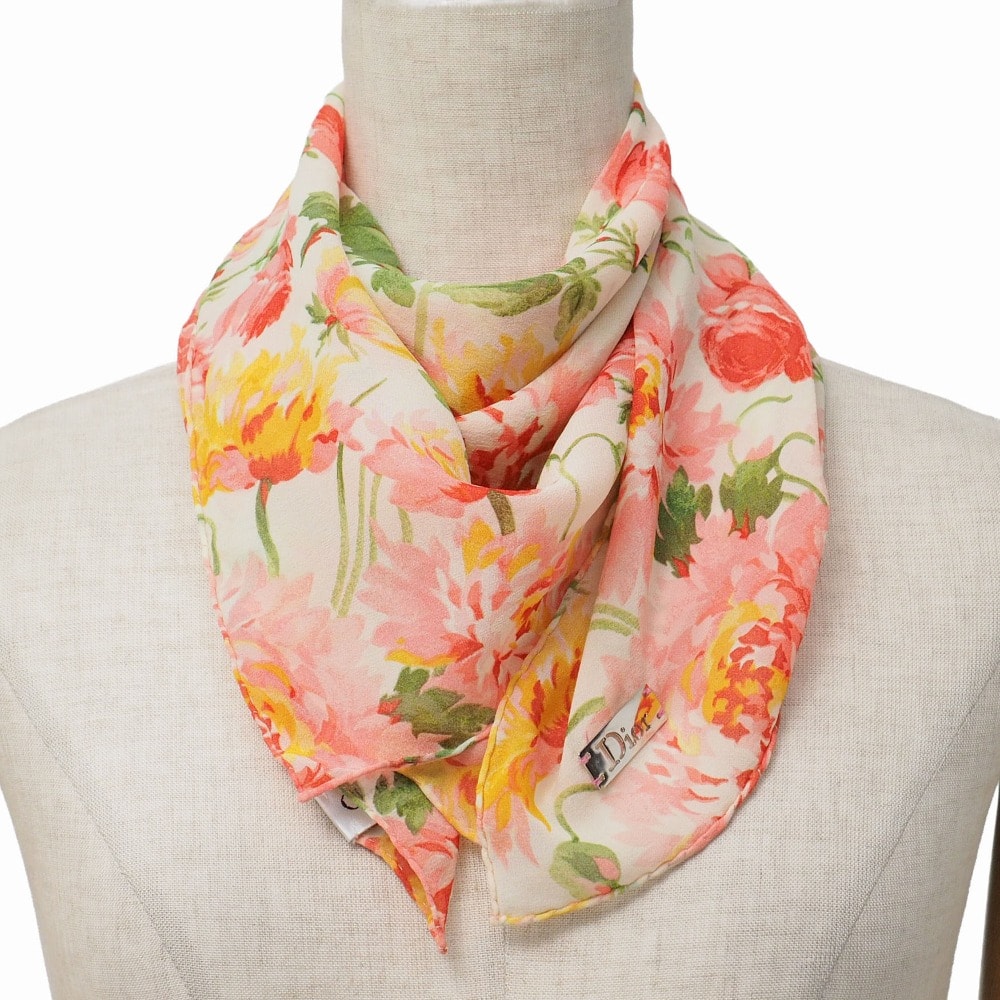 Christian Dior クリスチャンディオール スカーフ フラワー シルクシフォン フランス製 ブランド古着【中古】20260330/RA8485