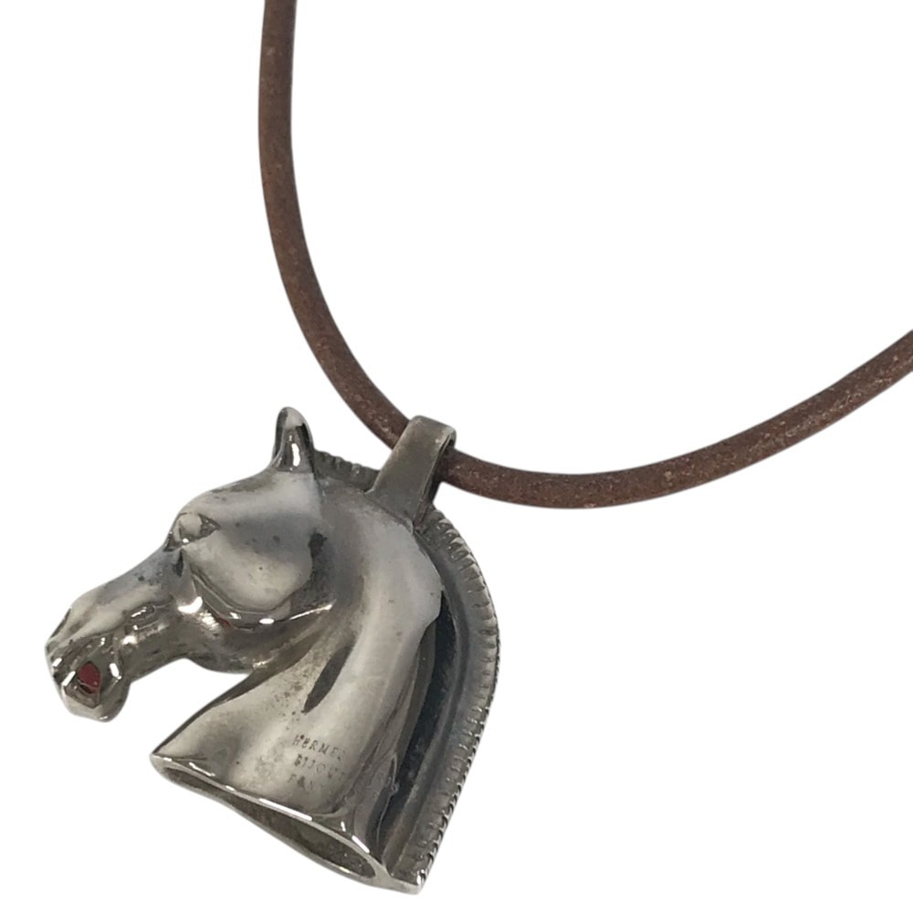 エルメス HERMES シュバル 馬  アクセサリー チョーカー 革紐 レザー ネックレス メタル シルバー