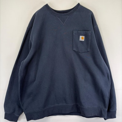 古着 カーハート Carhartt スウェット プルオーバー 胸ポケット Vガゼット ワンポイントロゴ ロゴ トレーナー 2XL ネイビー メンズ