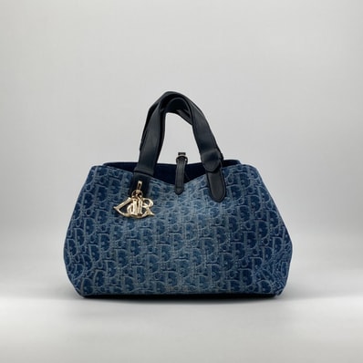 Christian Dior(クリスチャンディオール) トゥジュール スモール オブリーク ジャカード ゴールドチャーム デニム ハンドバッグ ブルー