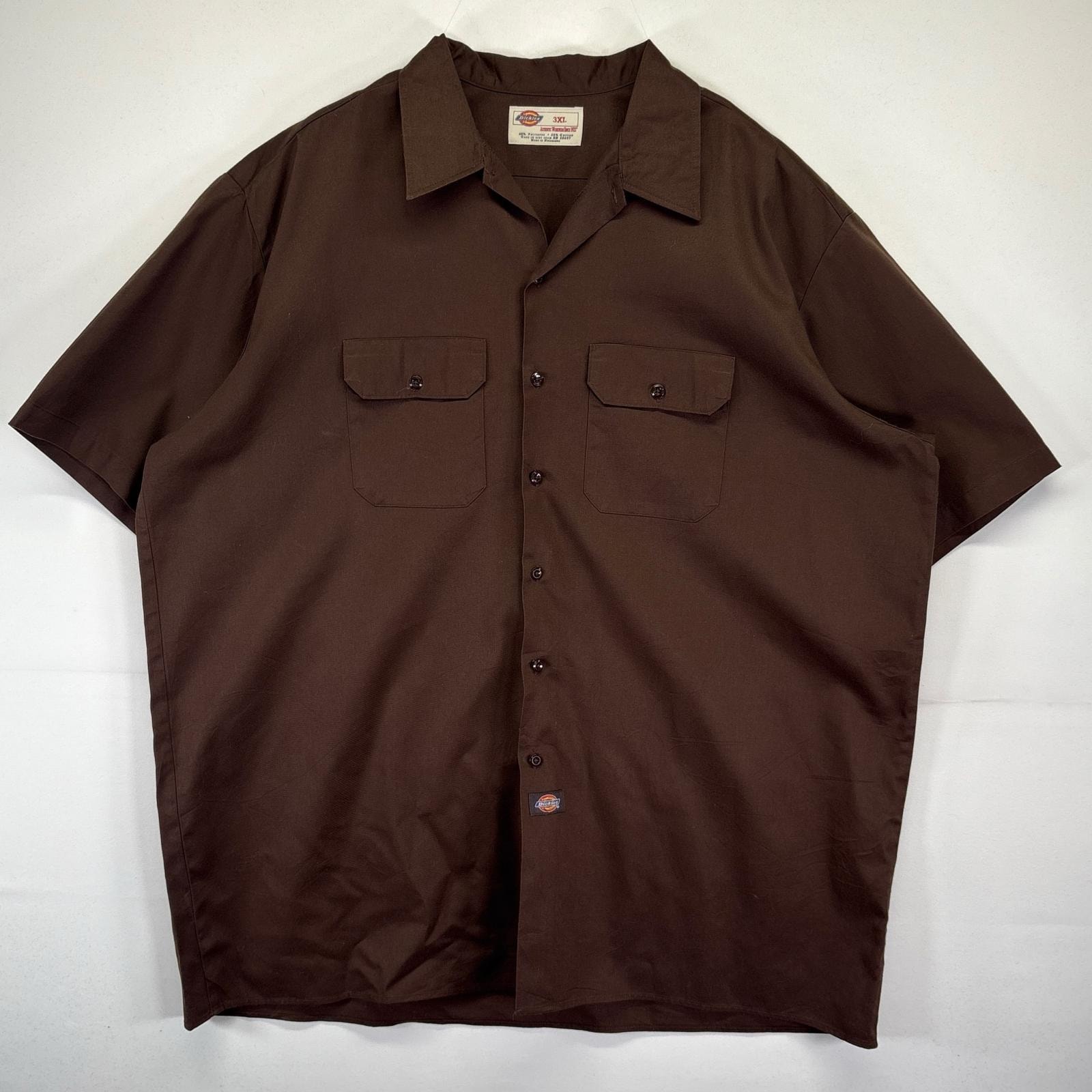 古着 ディッキーズ Dickies 半袖シャツ ワークシャツ 無地 大きいサイズ ワンポイントロゴ 14042  ブラウン メンズ