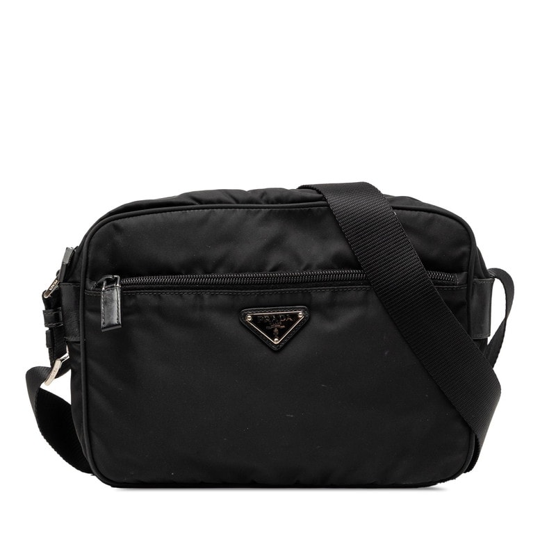 プラダ 三角ロゴプレート ショルダーバッグ ブラック ナイロン レザー レディース PRADA 【中古】