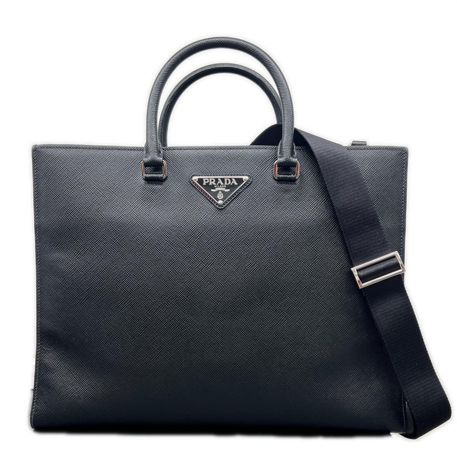 PRADA 現行品 美品 プラダ サフィアーノ トートバッグ 2VG101 2way ショルダーバッグ レザー ブラック クロスボディ ハンドバッグ ビジネスバッグ ABランク 鑑定済 中古 プラダバッグ【定価616,000円】