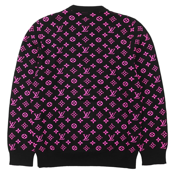 【極美品】LOUIS VUITTON ルイ・ヴィトン ニットセーター サイズ XL メンズ ロゴ LV モノグラム カシミヤ × ウール クルーネック バイカラー プルオーバー ロングスリーブ 長袖 トップス ブラック ピンク 黒 桃色 イタリア製