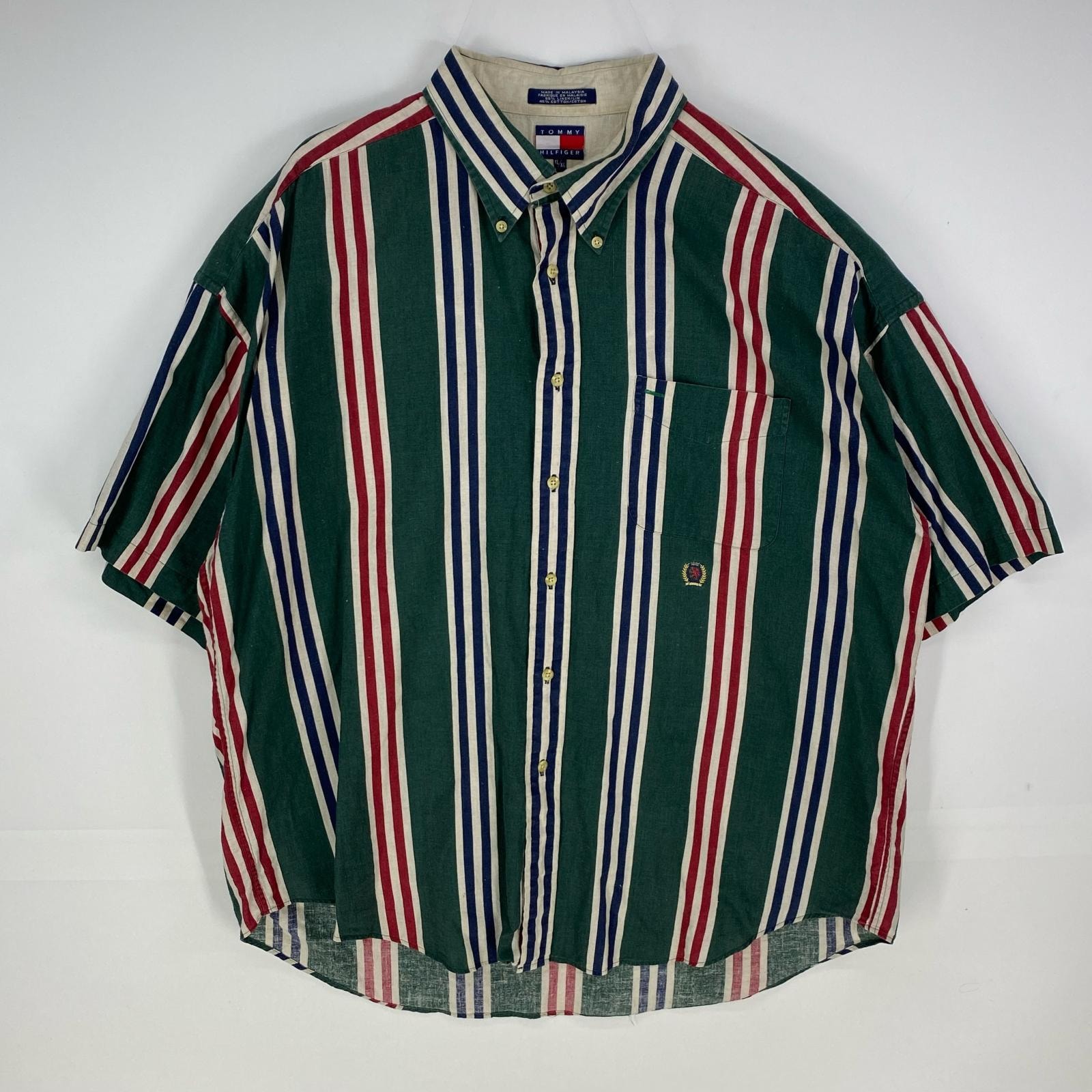 古着 90's/90年代 トミーヒルフィガー TOMMY HILFIGER 半袖シャツ 刺繍ロゴ ワンポイント XL グリーン系 ストライプ メンズ