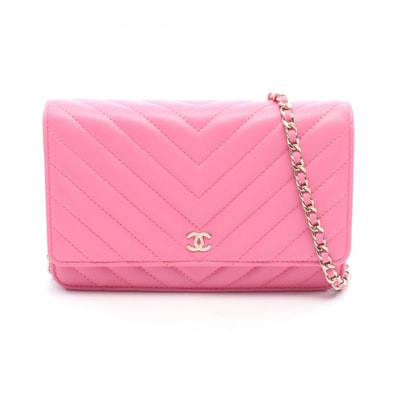 シャネル CHANEL シェブロン Vステッチ ショルダーバッグ バッグ レザー レディース ピンク系 【中古】
