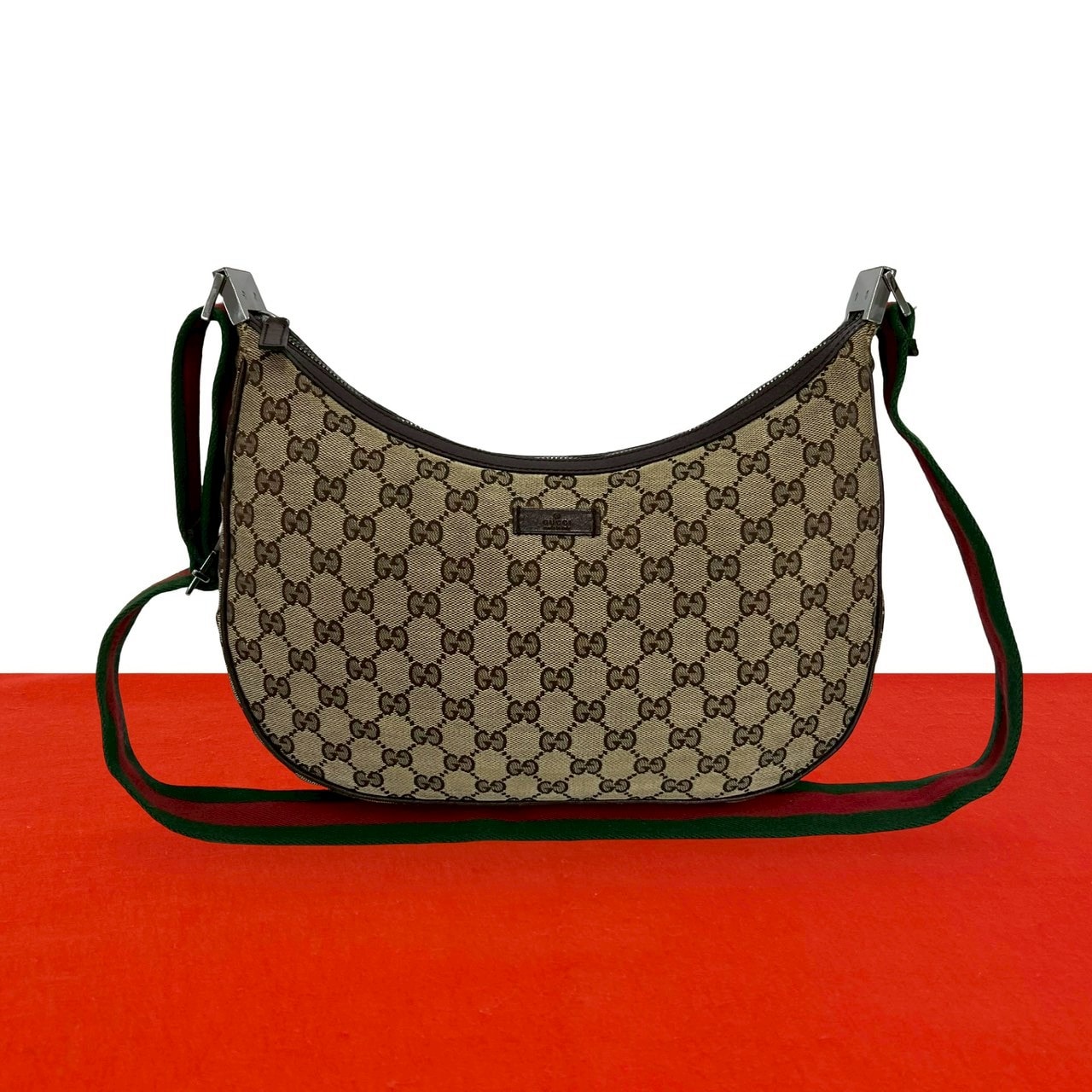 GUCCI グッチ シェリーライン GG ロゴ 柄 キャンバス レザー ショルダーバッグ ブラウン
 01339