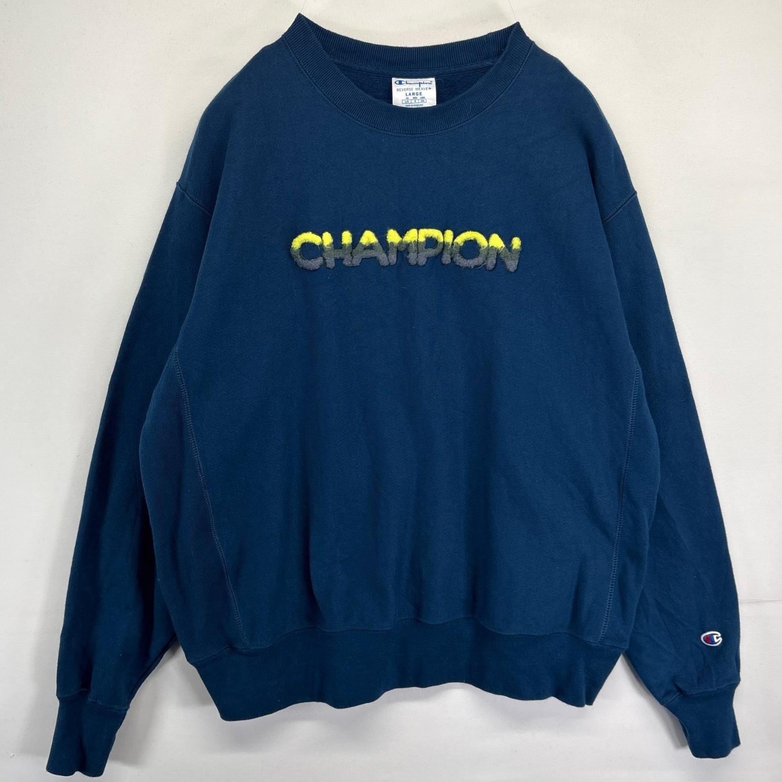 古着 チャンピオン Champion スウェット リバースウィーブ トレーナー ロゴ ワッペン刺繍 クルーネック L  ネイビー メンズ