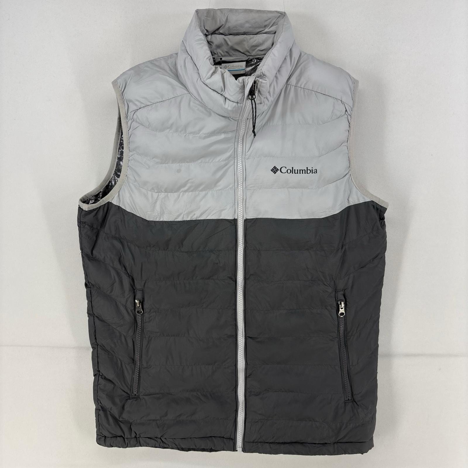 古着 コロンビア Columbia ベスト ツートンカラー ワンポイント ロゴ プリント OMNI-HEAT フルジップ 中綿 M  グレー メンズ
