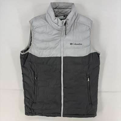 古着 コロンビア Columbia ベスト ツートンカラー ワンポイント ロゴ プリント OMNI-HEAT フルジップ 中綿 M グレー メンズ