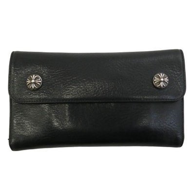 CHROME HEARTS クロムハーツ(原本無) WAVE CROSS BALL ウェーブ クロスボールボタン レザー ウォレット 財布 ブラック系【中古】