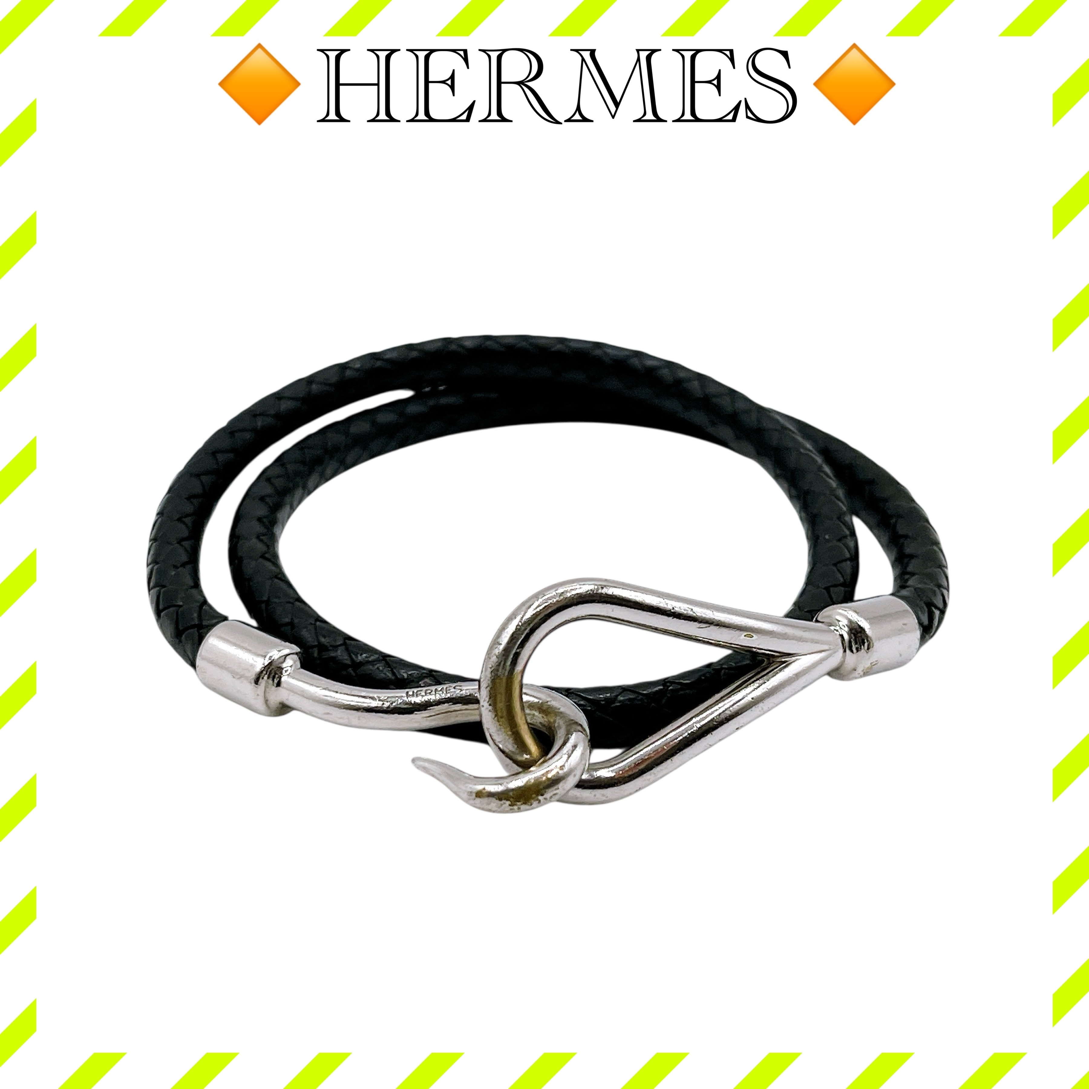 良品 エルメス ジャンボ ブレスレット 2連 編み込み 黒 ブラック レディース