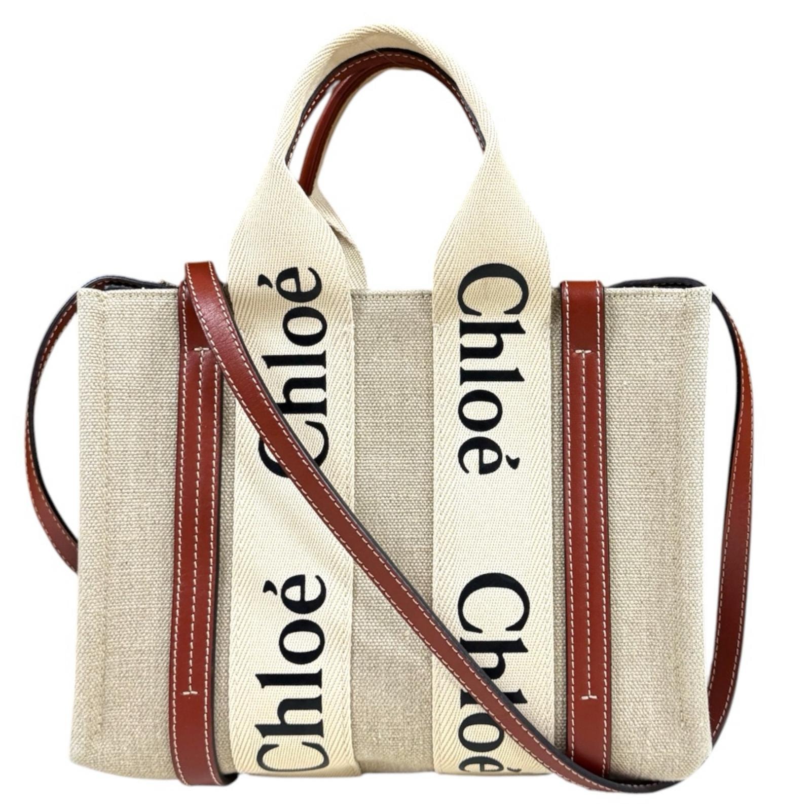 クロエ ウッディ スモールトート ショルダーバッグ リネン CHC22AS397I26 ブラウン レディース Chloe  中古