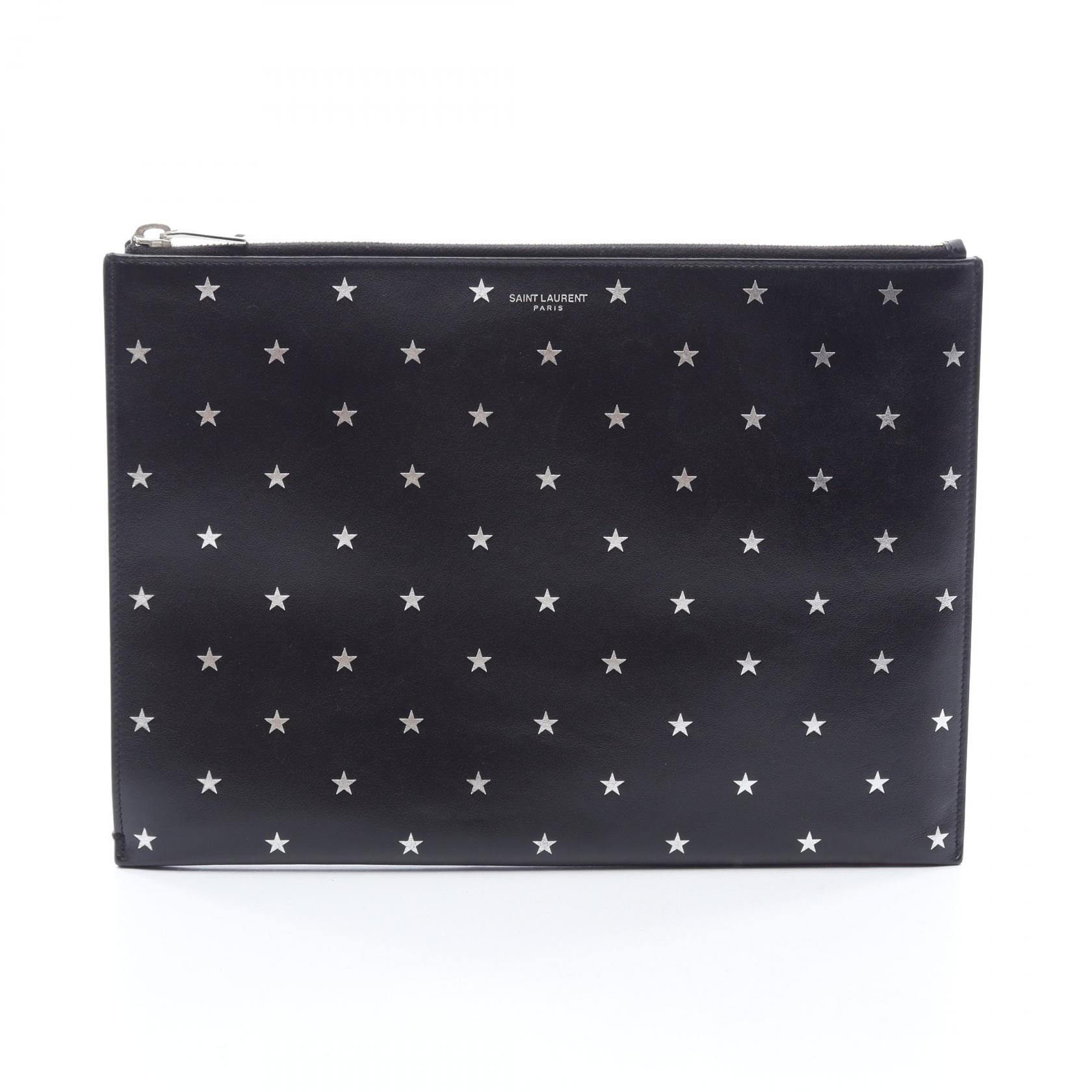 サンローランパリ SAINT LAURENT PARIS ミニジップタブレットスリーブ スター セカンドバッグ クラッチバッグ バッグ レザー メンズ ブラック系 / シルバー系 397294 【中古】