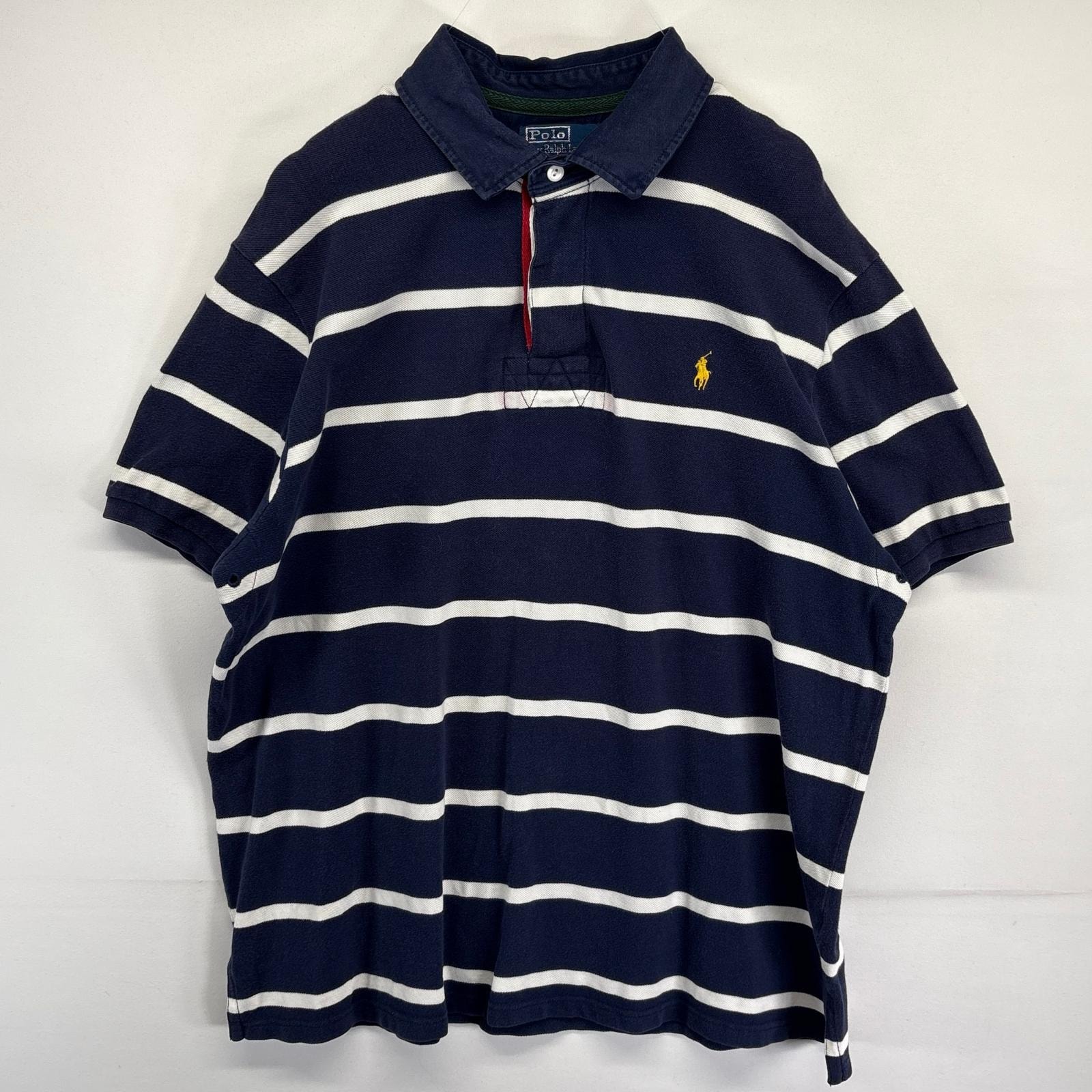 古着 ポロバイラルフローレン Polo by Ralph Lauren 半袖 ラガーシャツ ボーダー ワンポイントロゴ 鹿子 2XL  ネイビー メンズ