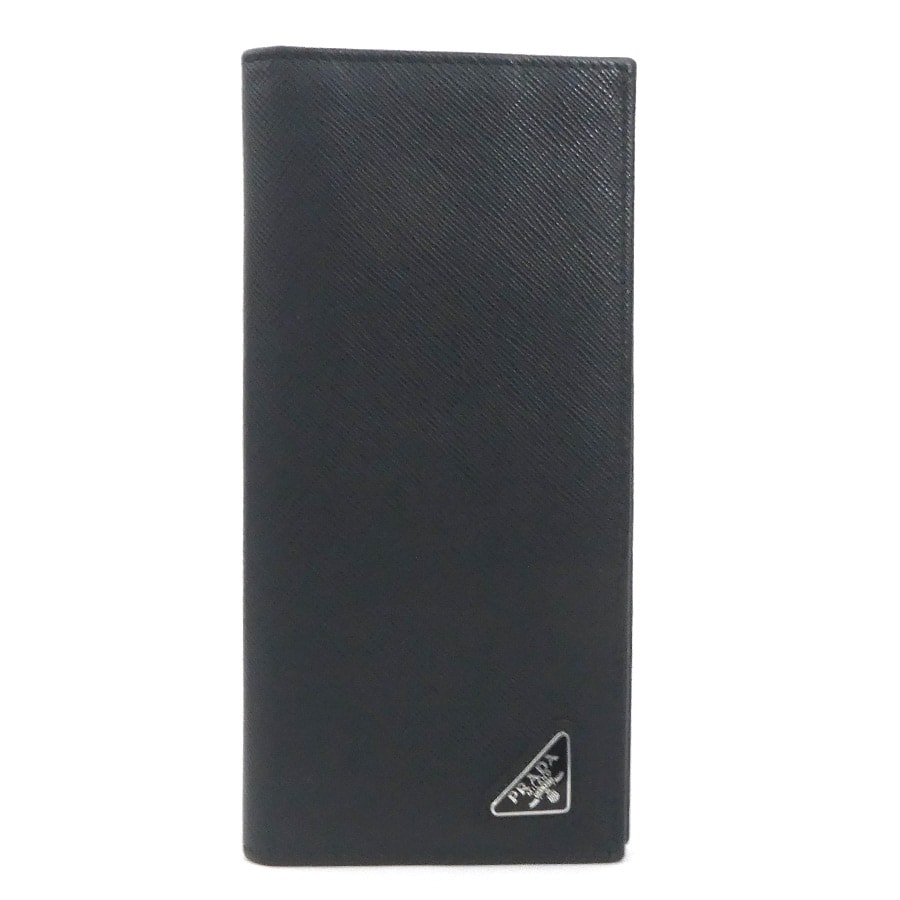 プラダ PRADA 二つ折り長財布 レザー ブラック メンズ【中古】 h32583j
