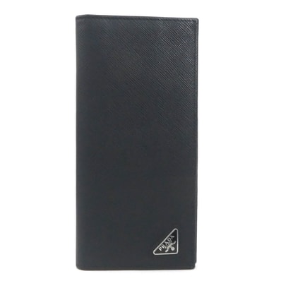 プラダ PRADA 二つ折り長財布 レザー ブラック メンズ【中古】 h32583j