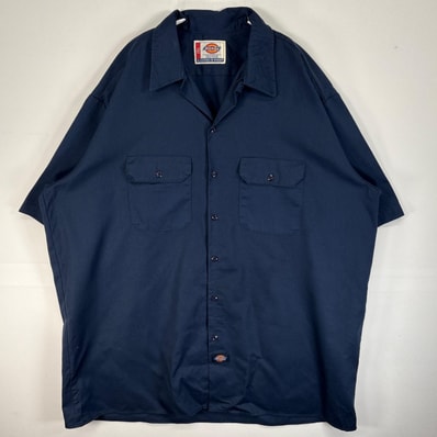 古着 ディッキーズ Dickies 半袖シャツ ワーク 作業着 フラップポケ 大きいサイズ ワンポイント ロゴ 2XL ネイビー 無地 メンズ