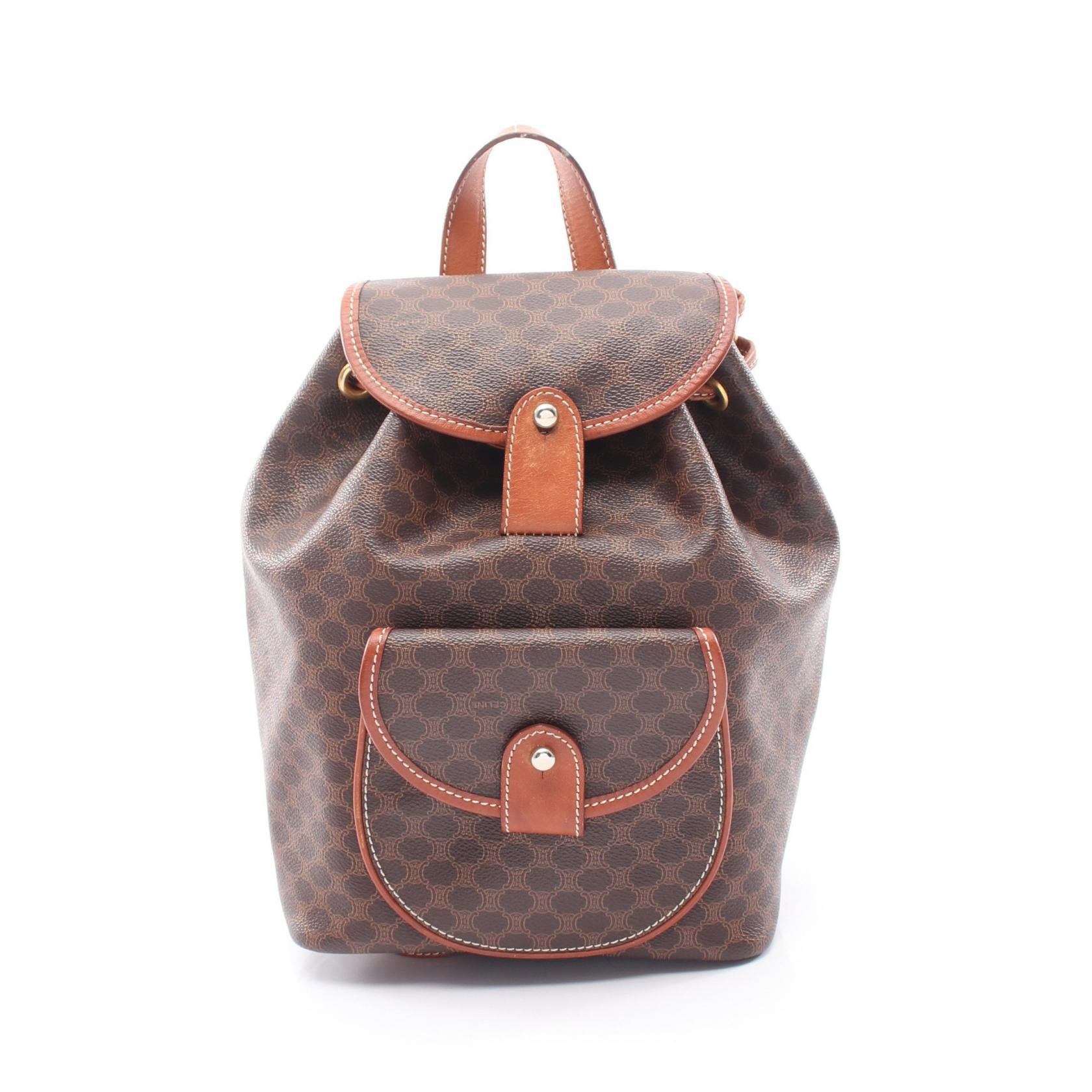 セリーヌ CELINE マカダム リュックサック バックパック バッグ PVCコーティングキャンバス レザー レディース ブラウン系 【中古】