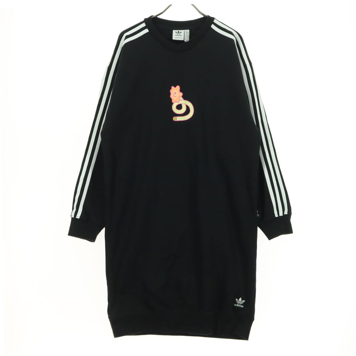 adidas アディダス Always Originals 刺繍 プリント 長袖 クルーネック スウェット 膝丈ワンピース XOT ブラック トレフォイルロゴ