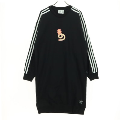 adidas アディダス Always Originals 刺繍 プリント 長袖 クルーネック スウェット 膝丈ワンピース XOT ブラック トレフォイルロゴ