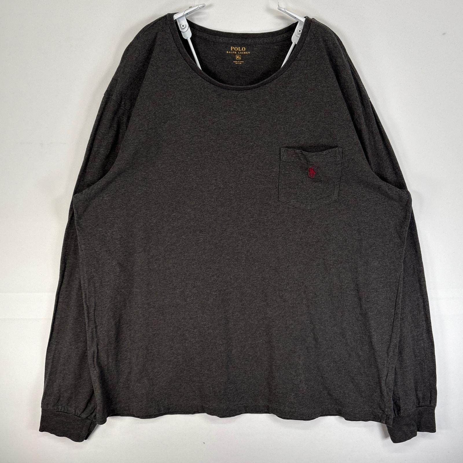 古着 ポロ・ラルフローレン POLO RALPH LAUREN 長袖Tシャツ ロゴ 刺繍 胸ポケ クルーネック XL  ダークグレー 無地 メンズ