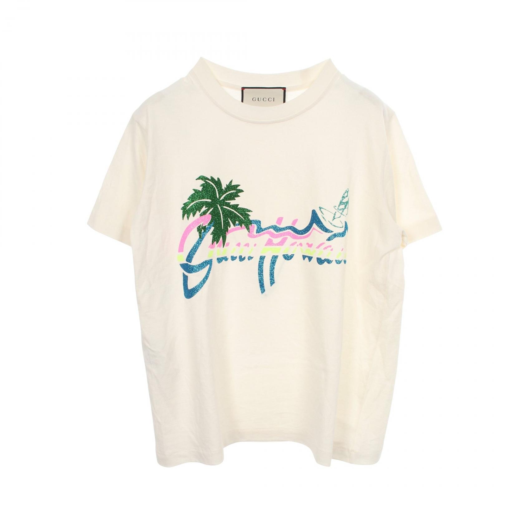 グッチ GUCCI ハワイロゴ グリッター 半袖Tシャツ 衣料品 トップス コットン メンズ ホワイト系 / マルチカラー 580762 【中古】
