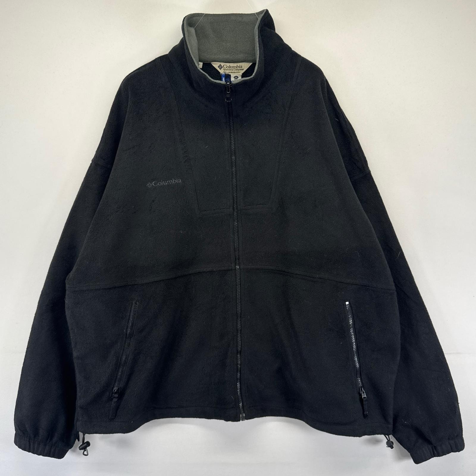 古着 コロンビア Columbia フリース ジャケット フルジップ ワンポイントロゴ刺繍 大きいサイズ 2XL  ブラック系 メンズ