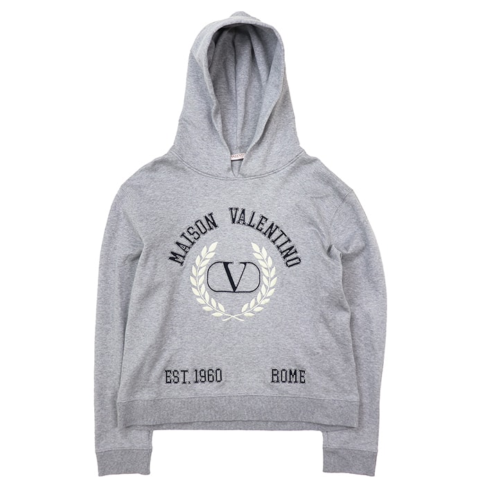 【極美品】Valentino ヴァレンチノ スウェット サイズ XXL レディース フーディー Vロゴ 刺繍/ジグザグステッチ プルオーバー パーカー トップス グレー 灰色 イタリア製