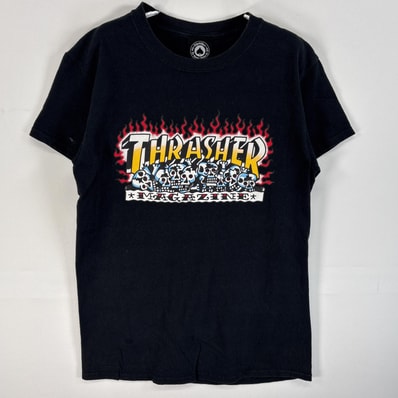 古着 スラッシャー THRASHER 半袖Tシャツ ラバープリント ドクロ スケボー S ブラック メンズ