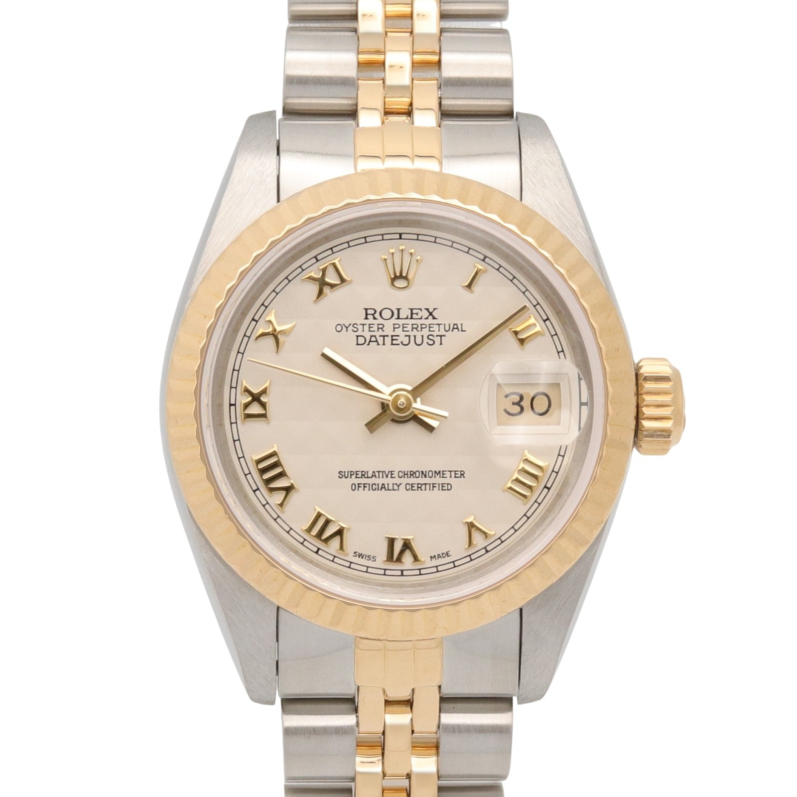 ロレックス ROLEX デイトジャスト E番 腕時計 時計 K18(イエローゴールド) ステンレススチール レディース ホワイト系 ピラミッド/ローマ数字 69173 【中古】