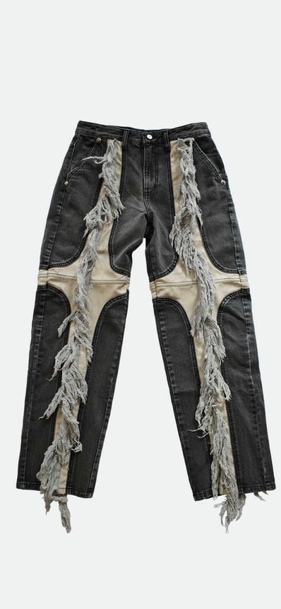 THUG CLUB Mohican Leather Denim Pants "BLACK / IVORY"
