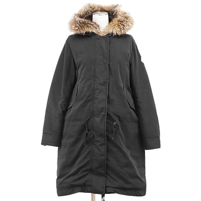MONCLER モンクレール ダウンコート レディース サイズ 1 VERONIKA GIUBOTTO フォックスファー ポリエステル × コットン ロゴ パッチ コミックラベル ジャケット アウター ブラック 黒 ハンガリー製