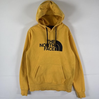 古着 ザ・ノースフェイス THE NORTH FACE パーカー スウェット プルオーバー フーディ ビッグロゴプリント S イエロー メンズ