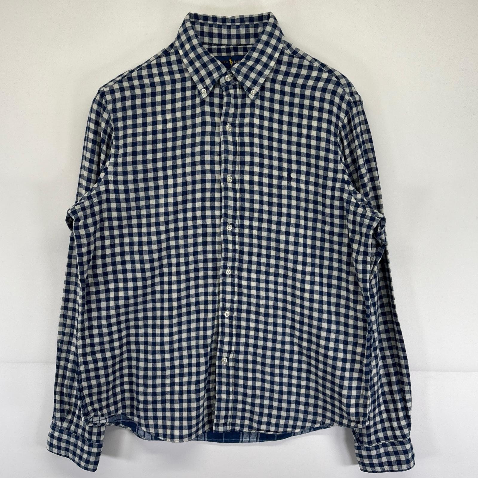 古着 ラルフローレン RALPH LAUREN 長袖シャツ ダブルガーゼ ワンポイントロゴ チェック柄 ギンガム 千鳥柄 L  ホワイト メンズ