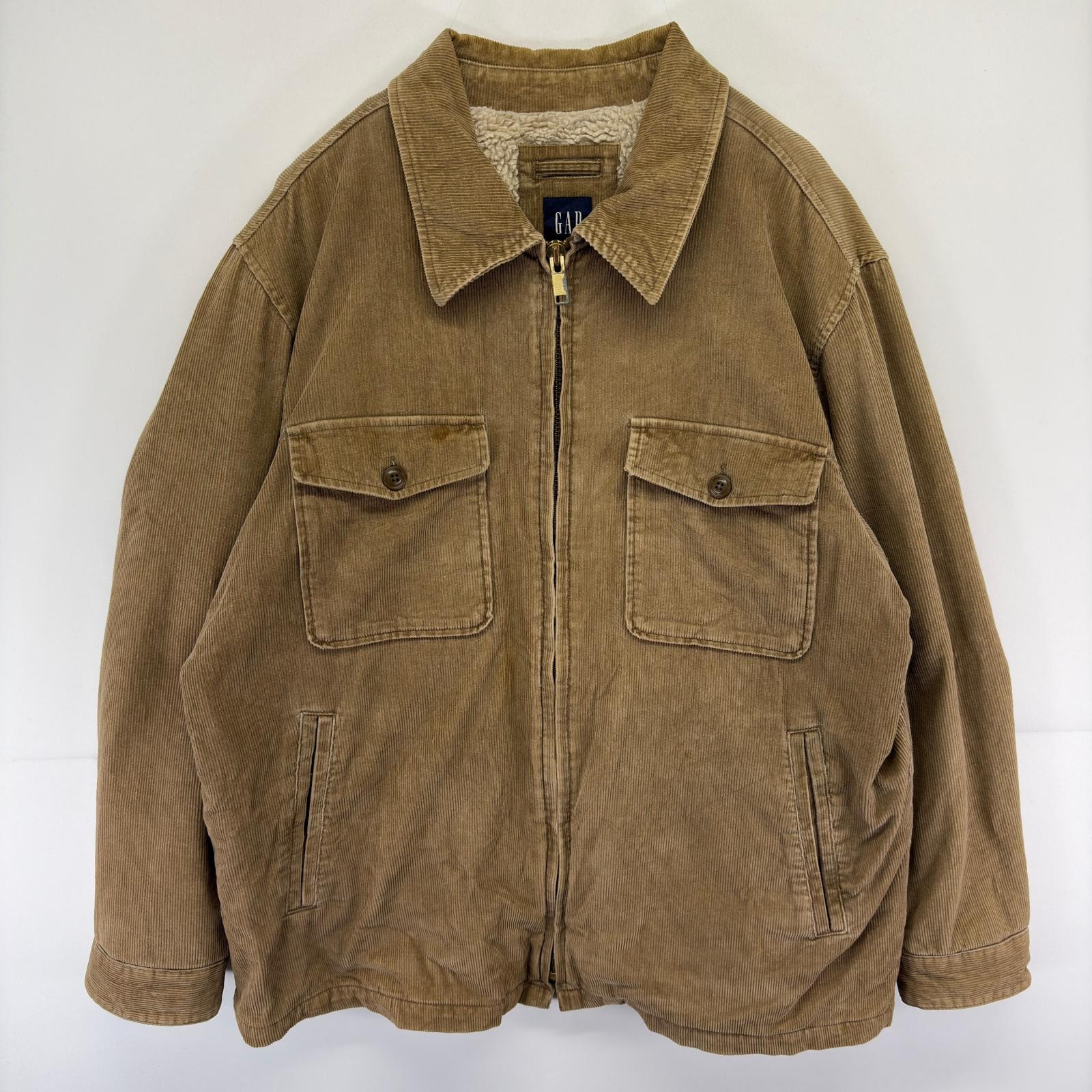 古着 ギャップ GAP コーデュロイ ジャケット ボアライナー 胸ポケット 大きいサイズ フルジップ 2XL  ブラウン系 無地 メンズ
