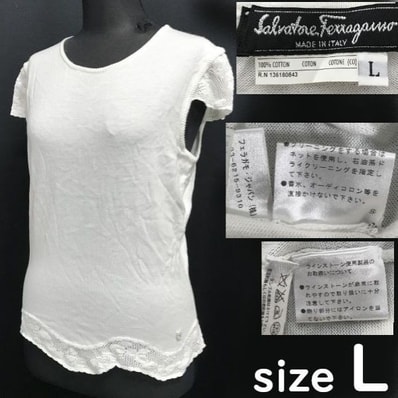 日本正規代理店タグ★Salvatore Ferragamo/フェラガモ★ラインストーン/半袖カットソー/Tシャツ【レディースL/白】レース/Tops◆cBH719