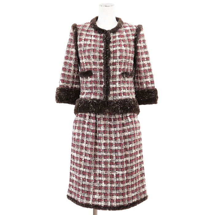 美品 シャネル ラビット ファー 05A P26781 セットアップ レディース 赤系 ブラウン CHANEL