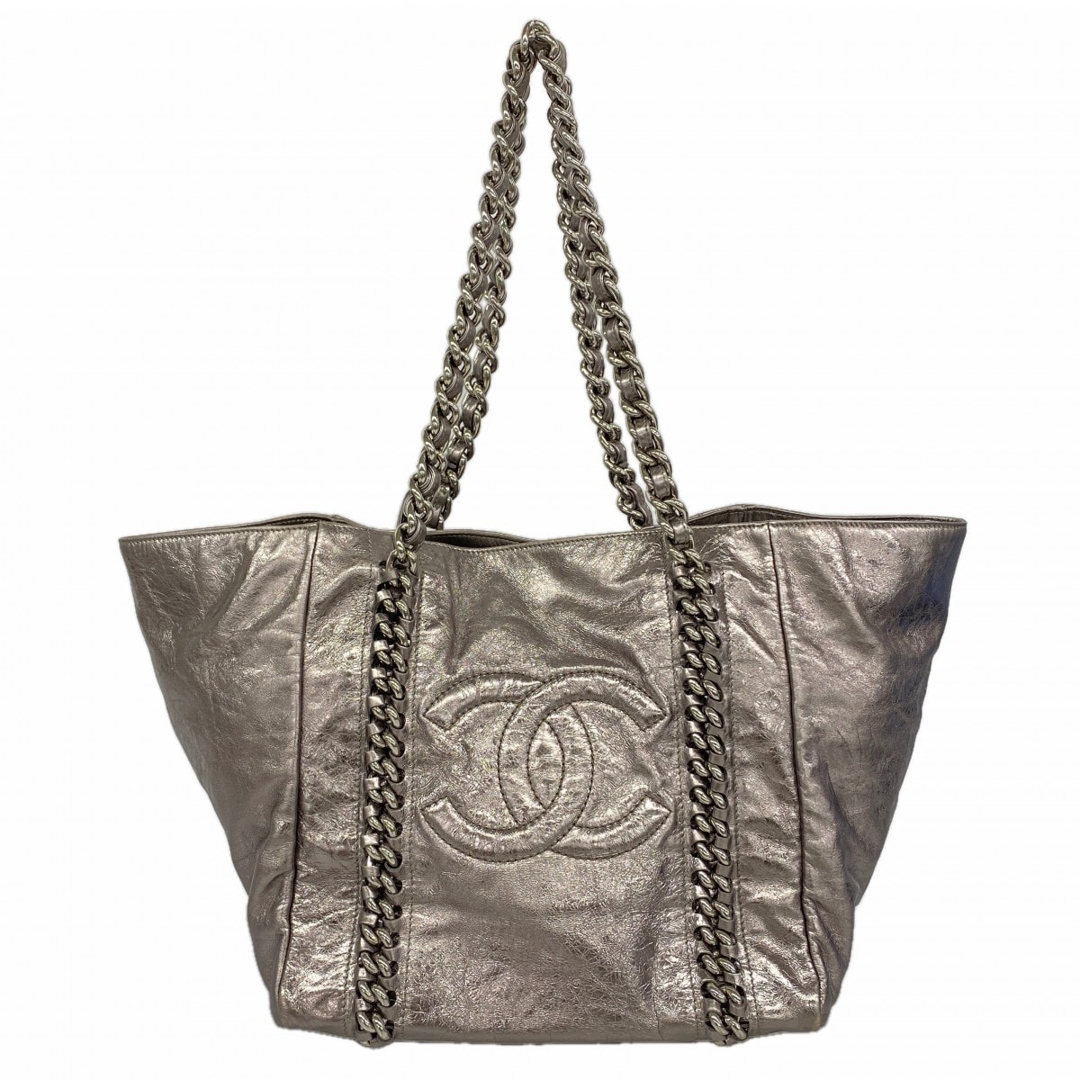 【6dd4797】シャネル チェーントート レザー シルバー シルバー金具【中古】レディース