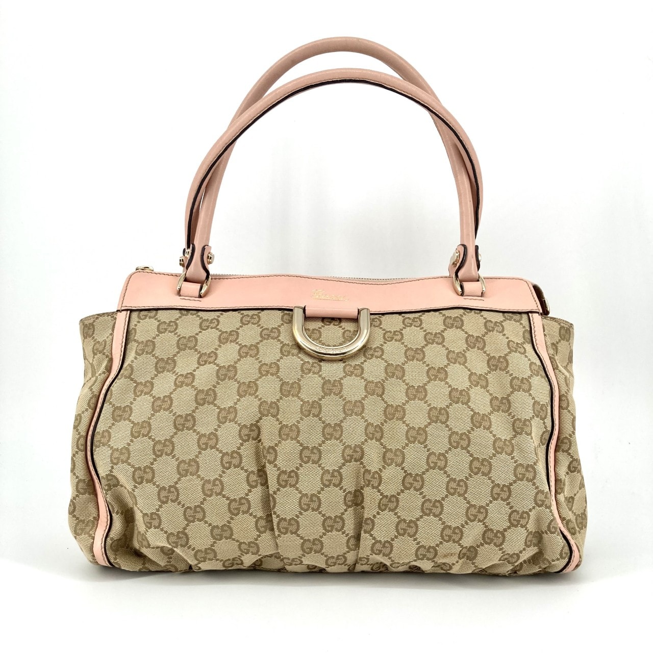 GUCCI(グッチ) アビー GGキャンバス ゴールドDリング金具 ピンクレザートリム ハンドバッグ ベージュ×ピンク