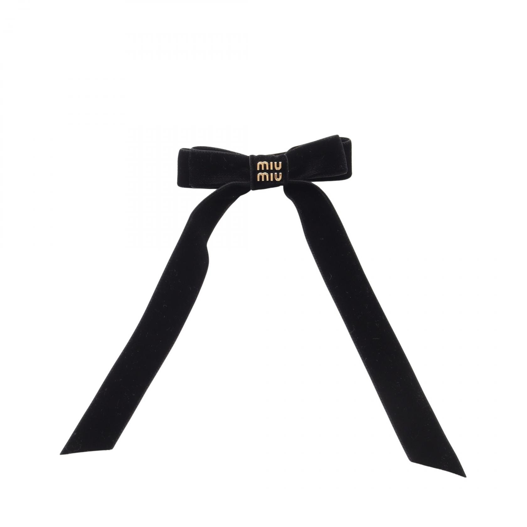ミュウ ミュウ Miu Miu ロゴ リボン バレッタ アクセサリー GP(ゴールドメッキ) ベロア レディース ブラック系 / ゴールド系 【中古】