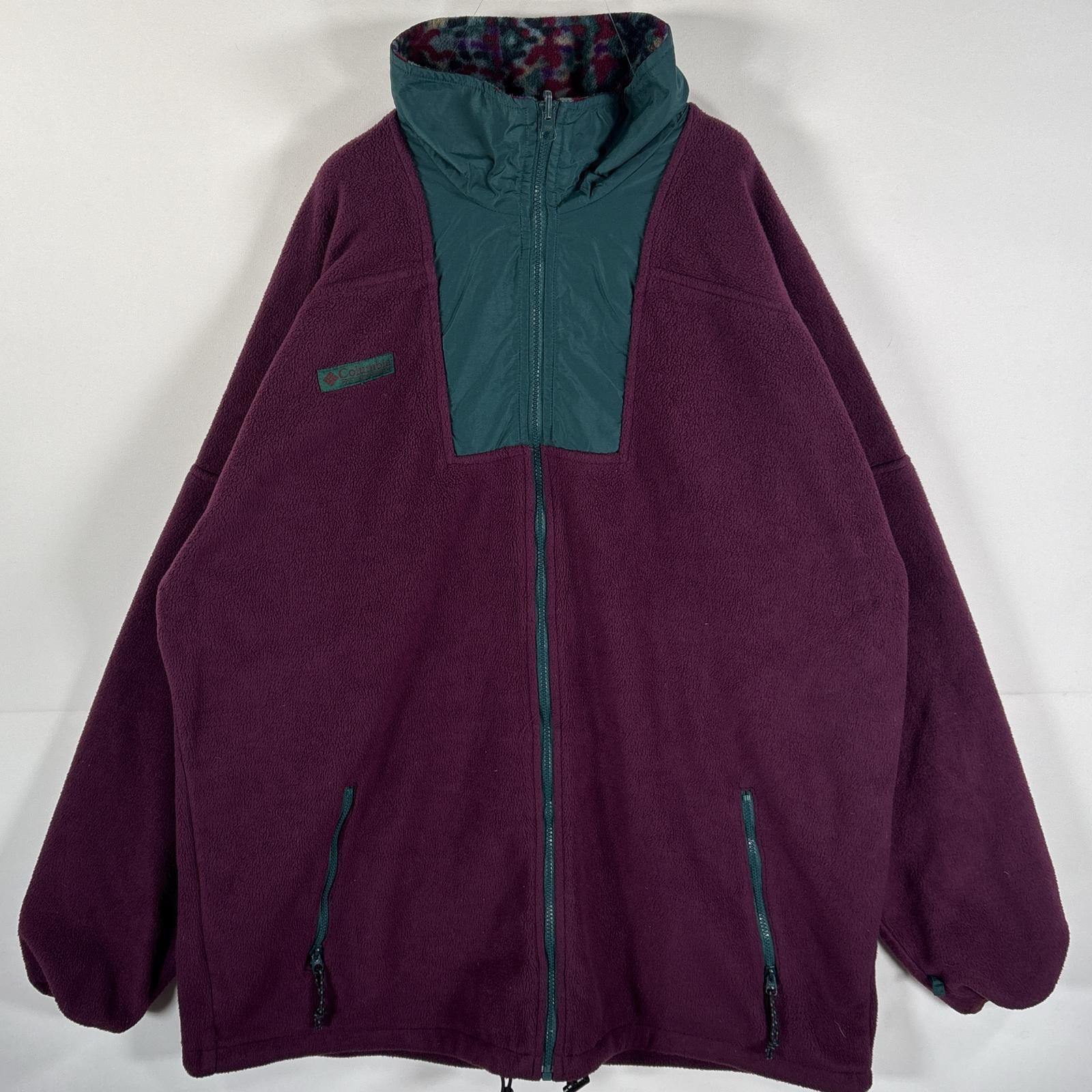 古着 90's/90年代 コロンビア Columbia フリースジャケット ワンポイントロゴ フルジップ ビッグサイズ 襟柄付き ワインレッド メンズ