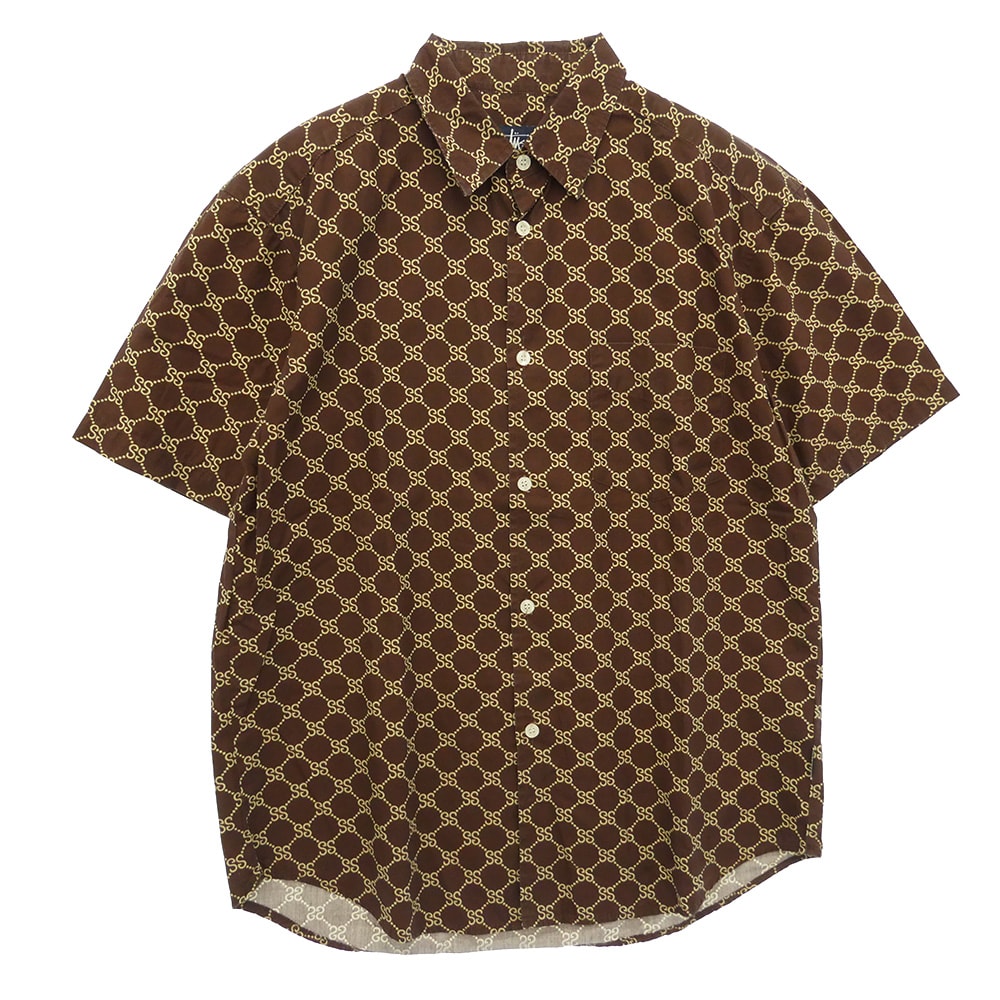 STUSSY ステューシー 90s 紺タグ OLD オールド モノグラム 総柄 半袖 シャツ ブラウン系 S【中古】