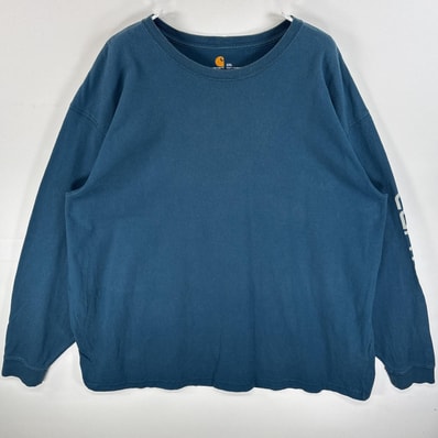 古着 カーハート Carhartt 長袖Tシャツ 袖プリント ロゴ 肉厚 大きいサイズ 2XL ブルー系 メンズ