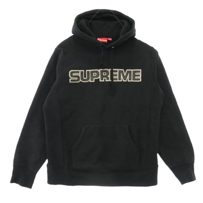 Supreme シュプリーム 18AW Perforated Leather Hooded Sweatshirt パーフォレーテッド レザー フーデッド スウェット シャツ プルオーバー パーカー ブラック系 M【中古】