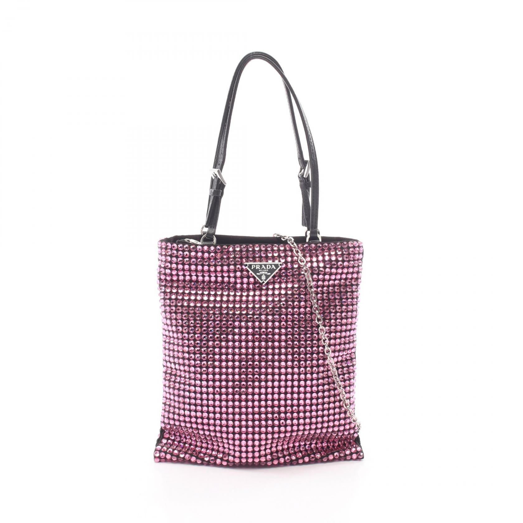 プラダ PRADA トライアングルロゴ クリスタル 2WAY ハンドバッグ バッグ ファブリック レザー レディース ピンク系 / ブラック系 【中古】