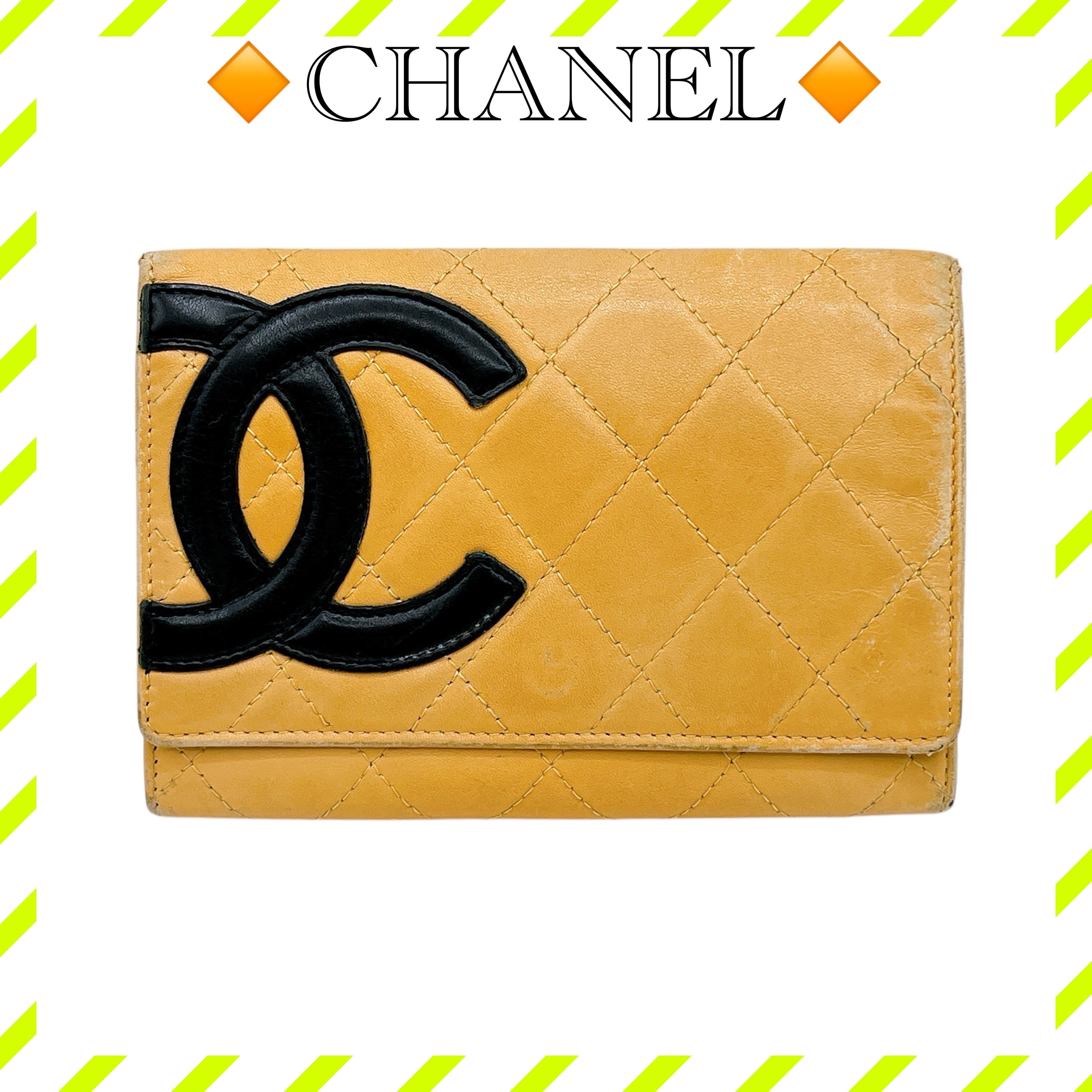 良品 シャネル カンボンライン ココマーク 二つ折り財布 ベージュ 黒 ブラック